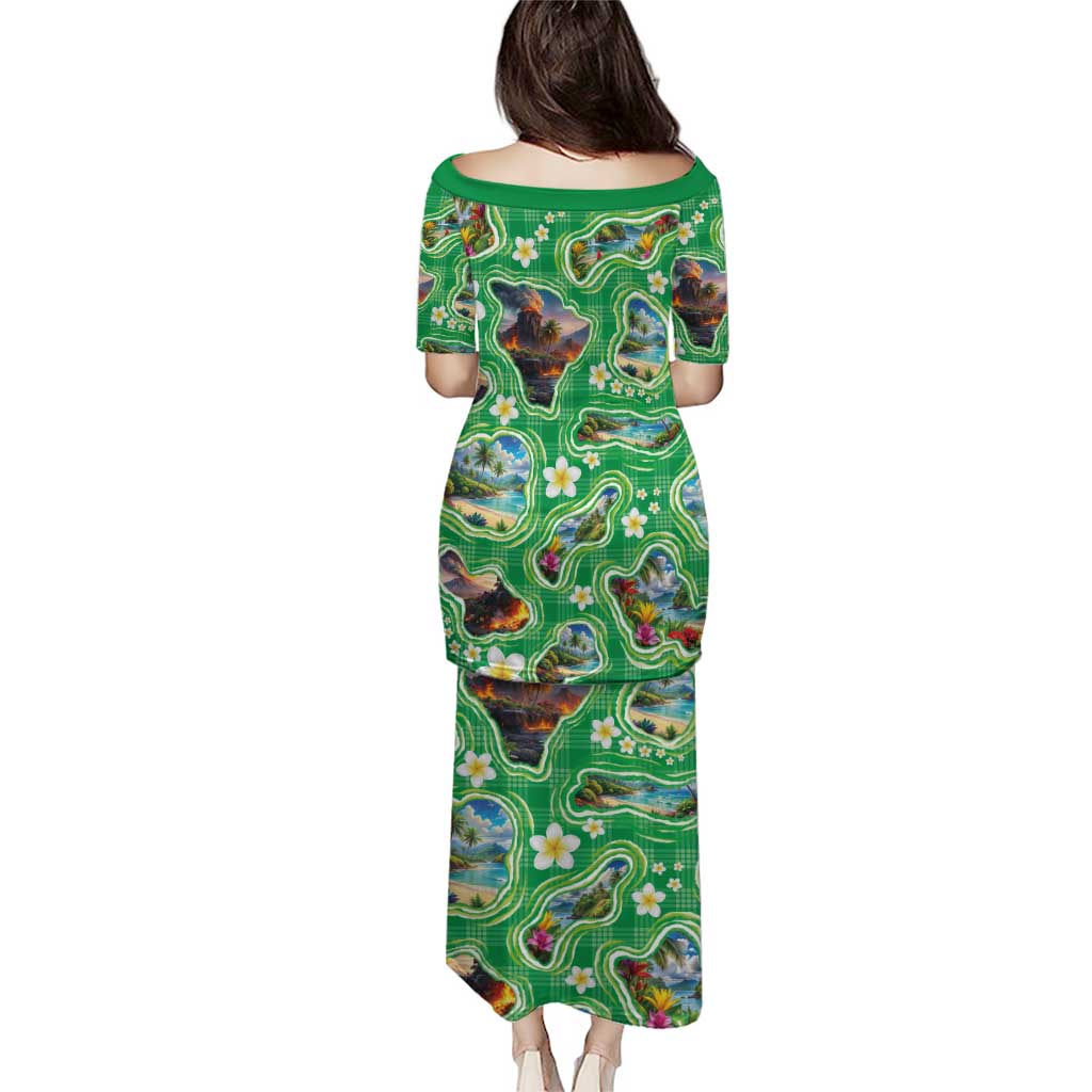 Hawaii Map with Plumeria Flower and Palaka Pattern Puletasi Tropical Island Green Design LT03 - Polynesian Pride