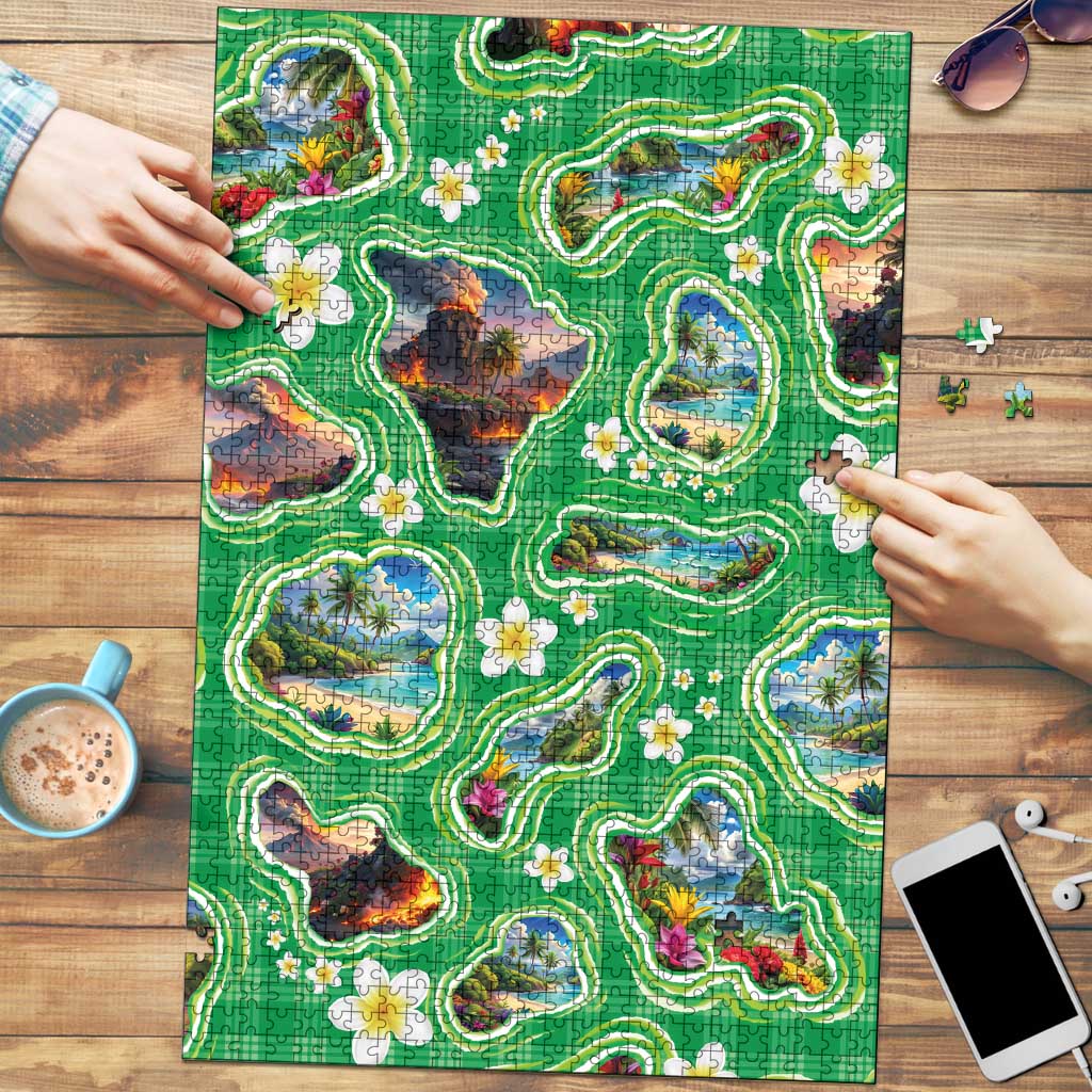 Hawaii Map with Plumeria Flower and Palaka Pattern Puzzle Tropical Island Green Design LT03 Green - Polynesian Pride