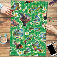 Hawaii Map with Plumeria Flower and Palaka Pattern Puzzle Tropical Island Green Design LT03 Green - Polynesian Pride
