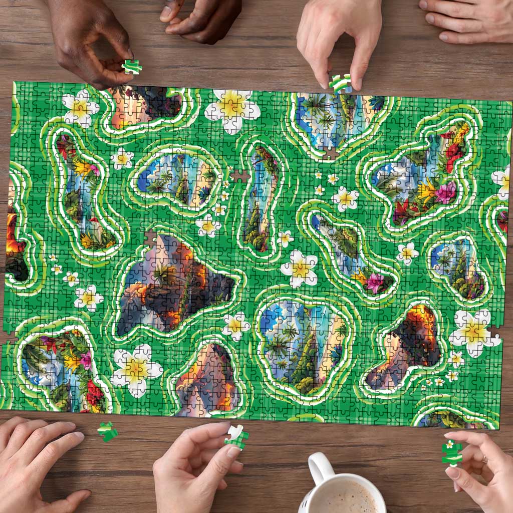 Hawaii Map with Plumeria Flower and Palaka Pattern Puzzle Tropical Island Green Design LT03 - Polynesian Pride