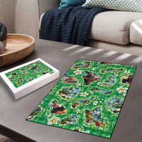 Hawaii Map with Plumeria Flower and Palaka Pattern Puzzle Tropical Island Green Design LT03 - Polynesian Pride