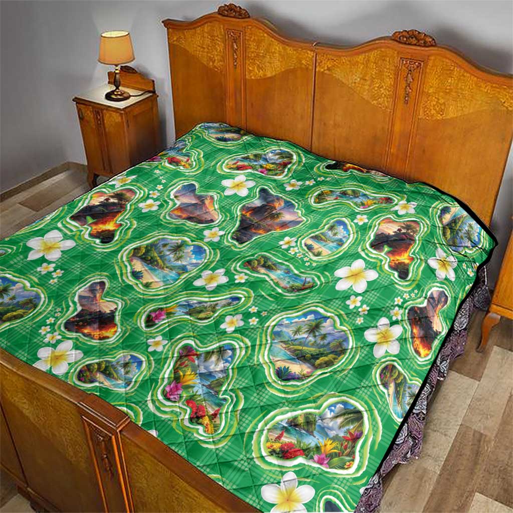 Hawaii Map with Plumeria Flower and Palaka Pattern Quilt Tropical Island Green Design LT03 - Polynesian Pride