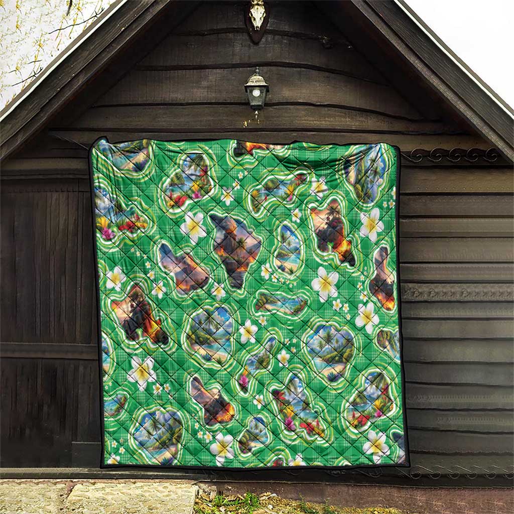 Hawaii Map with Plumeria Flower and Palaka Pattern Quilt Tropical Island Green Design LT03 - Polynesian Pride