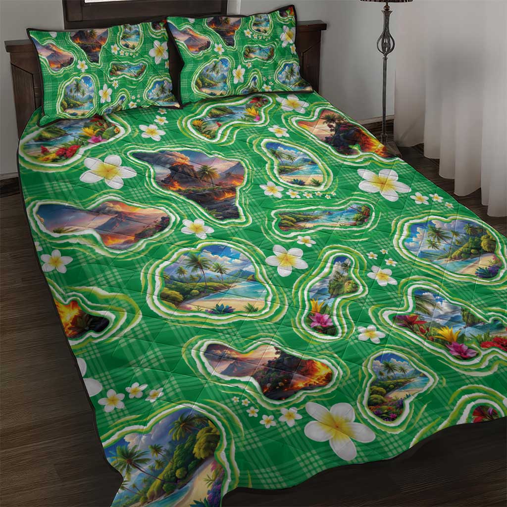 Hawaii Map with Plumeria Flower and Palaka Pattern Quilt Bed Set Tropical Island Green Design