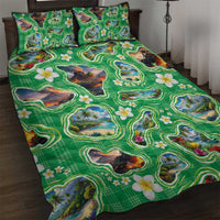 Hawaii Map with Plumeria Flower and Palaka Pattern Quilt Bed Set Tropical Island Green Design