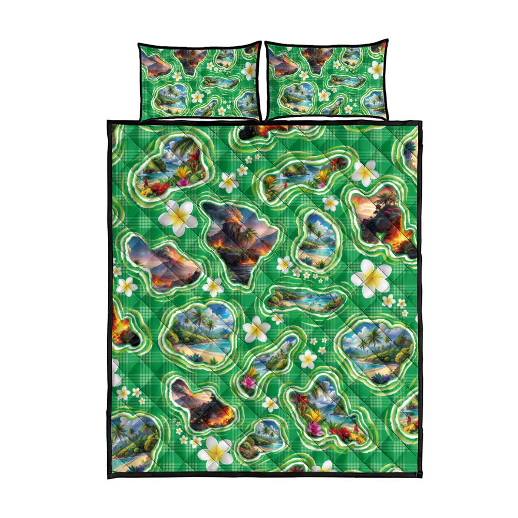 Hawaii Map with Plumeria Flower and Palaka Pattern Quilt Bed Set Tropical Island Green Design