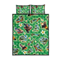 Hawaii Map with Plumeria Flower and Palaka Pattern Quilt Bed Set Tropical Island Green Design