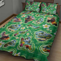 Hawaii Map with Plumeria Flower and Palaka Pattern Quilt Bed Set Tropical Island Green Design
