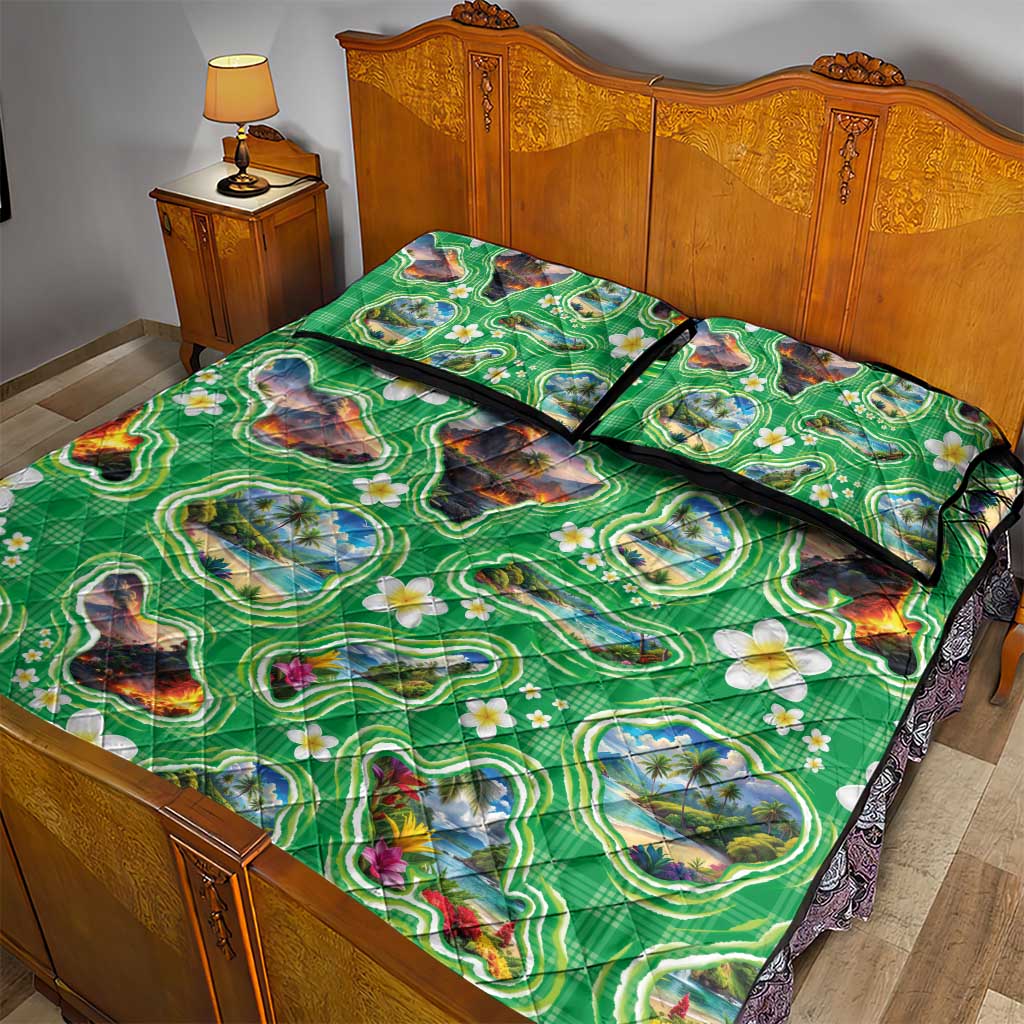 Hawaii Map with Plumeria Flower and Palaka Pattern Quilt Bed Set Tropical Island Green Design