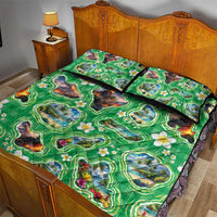 Hawaii Map with Plumeria Flower and Palaka Pattern Quilt Bed Set Tropical Island Green Design