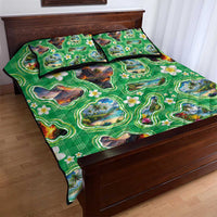 Hawaii Map with Plumeria Flower and Palaka Pattern Quilt Bed Set Tropical Island Green Design