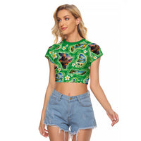Hawaii Map with Plumeria Flower and Palaka Pattern Raglan Cropped T Shirt Tropical Island Green Design LT03 Female Green - Polynesian Pride