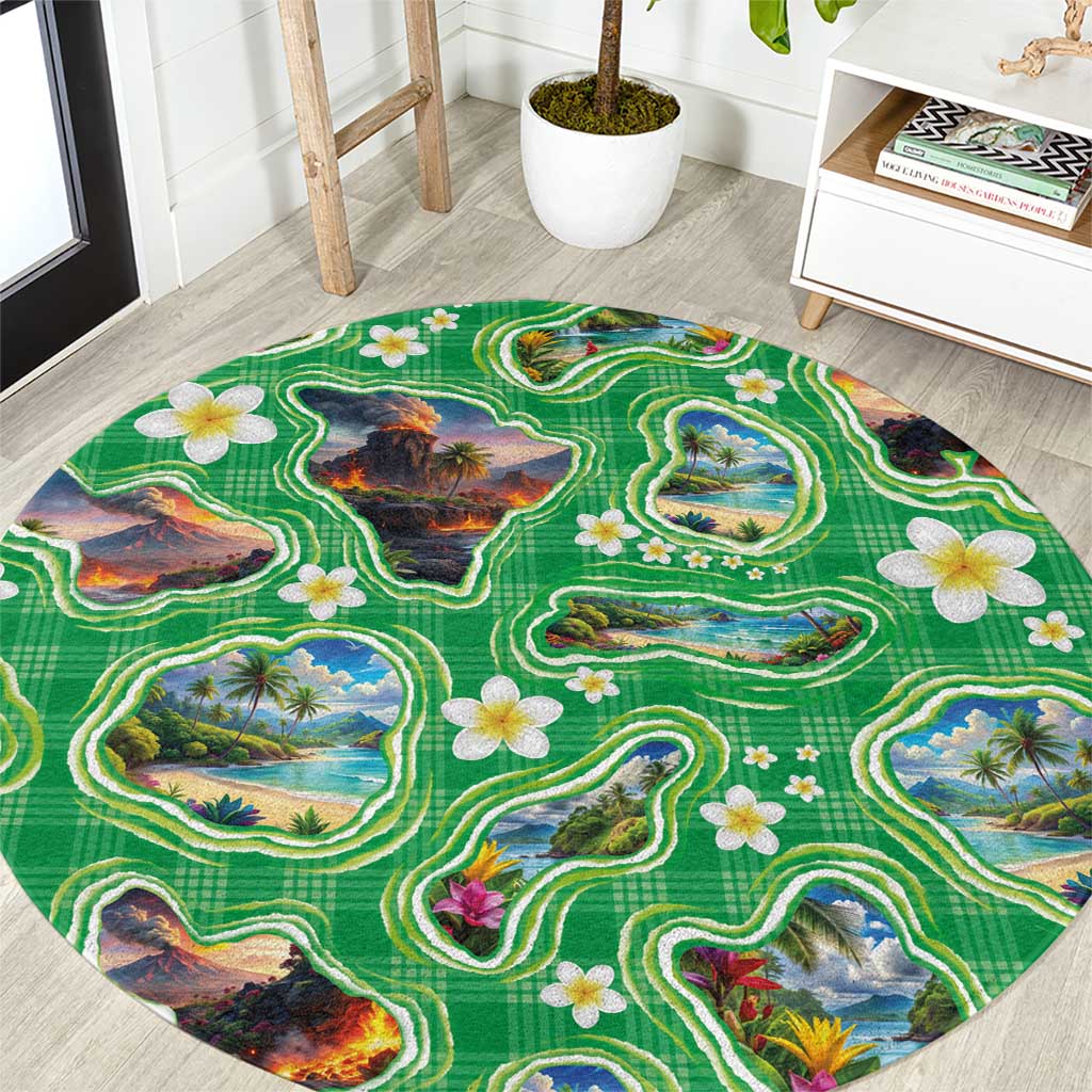 Hawaii Map with Plumeria Flower and Palaka Pattern Round Carpet Tropical Island Green Design LT03 Green - Polynesian Pride