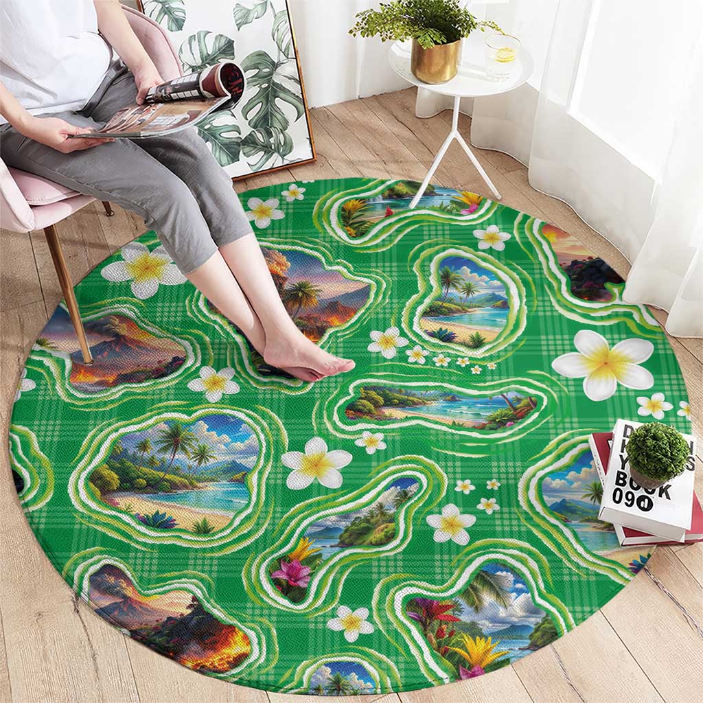 Hawaii Map with Plumeria Flower and Palaka Pattern Round Carpet Tropical Island Green Design LT03 - Polynesian Pride
