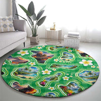 Hawaii Map with Plumeria Flower and Palaka Pattern Round Carpet Tropical Island Green Design LT03 - Polynesian Pride