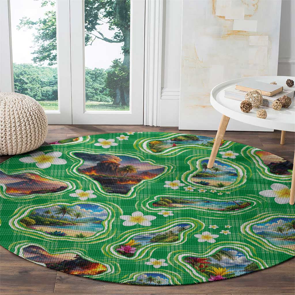 Hawaii Map with Plumeria Flower and Palaka Pattern Round Carpet Tropical Island Green Design LT03 - Polynesian Pride