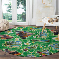 Hawaii Map with Plumeria Flower and Palaka Pattern Round Carpet Tropical Island Green Design LT03 - Polynesian Pride