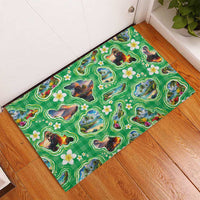 Hawaii Map with Plumeria Flower and Palaka Pattern Rubber Doormat Tropical Island Green Design LT03 - Polynesian Pride