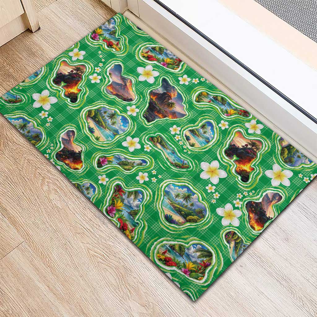 Hawaii Map with Plumeria Flower and Palaka Pattern Rubber Doormat Tropical Island Green Design LT03 - Polynesian Pride