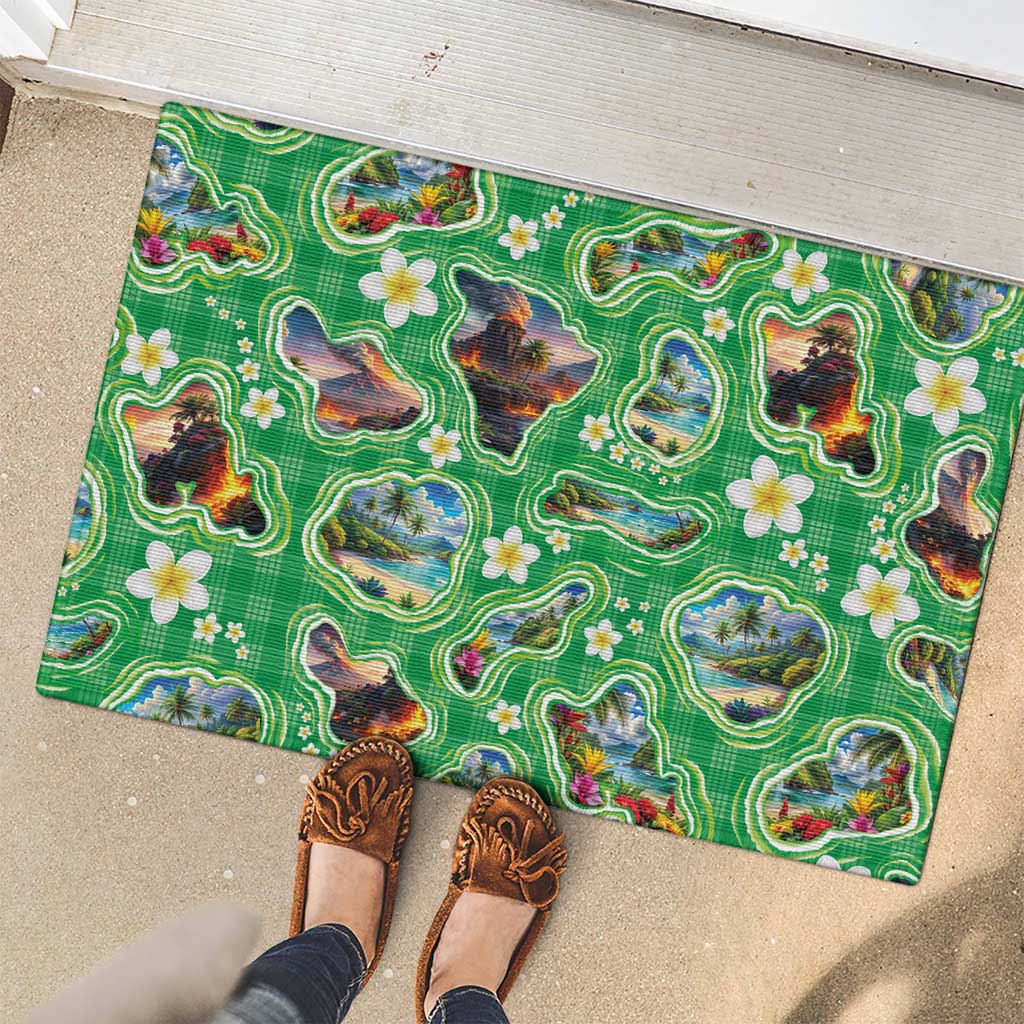 Hawaii Map with Plumeria Flower and Palaka Pattern Rubber Doormat Tropical Island Green Design LT03 - Polynesian Pride
