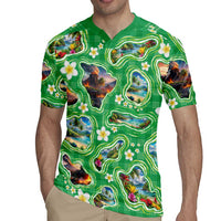 Hawaii Map with Plumeria Flower and Palaka Pattern Rugby Jersey Tropical Island Green Design LT03 - Polynesian Pride