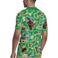 Hawaii Map with Plumeria Flower and Palaka Pattern Rugby Jersey Tropical Island Green Design LT03 - Polynesian Pride