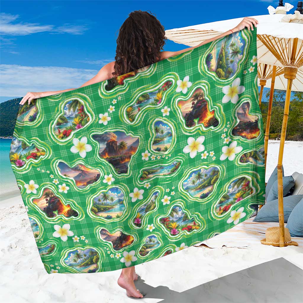 Hawaii Map with Plumeria Flower and Palaka Pattern Sarong Tropical Island Green Design LT03 One Size 44 x 66 inches Green - Polynesian Pride