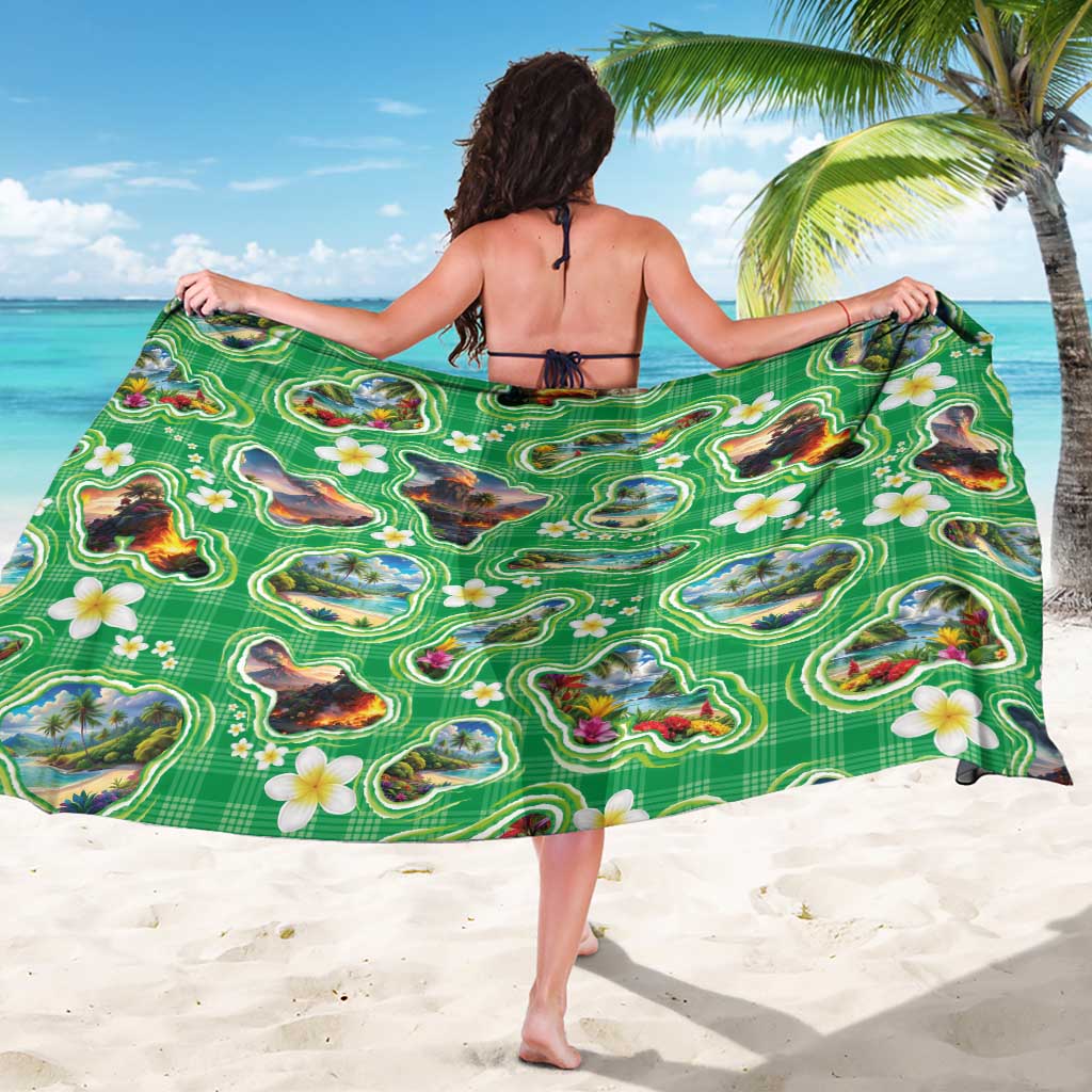 Hawaii Map with Plumeria Flower and Palaka Pattern Sarong Tropical Island Green Design LT03 - Polynesian Pride