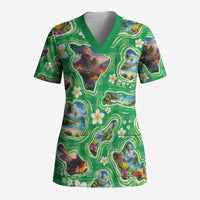 Hawaii Map with Plumeria Flower and Palaka Pattern Scrub Top Tropical Island Green Design LT03 Adult Green - Polynesian Pride