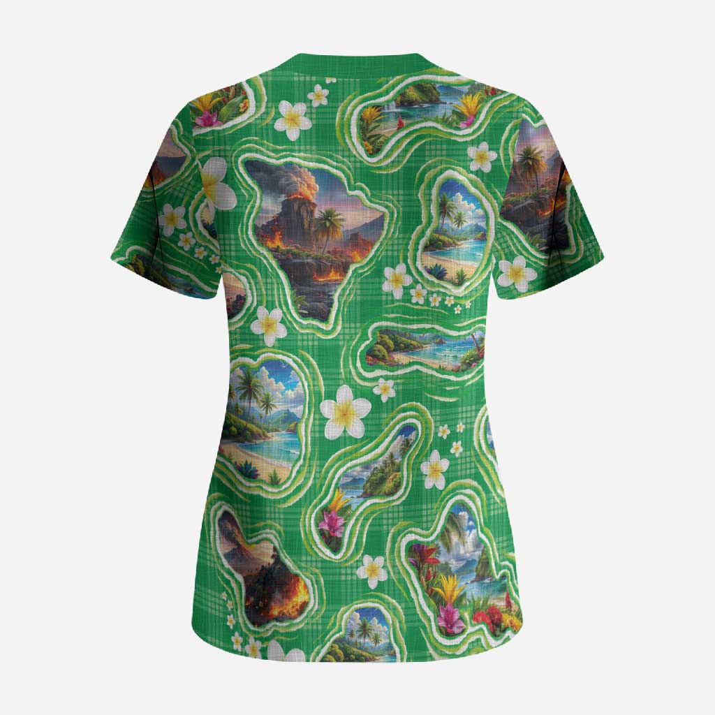 Hawaii Map with Plumeria Flower and Palaka Pattern Scrub Top Tropical Island Green Design LT03 - Polynesian Pride