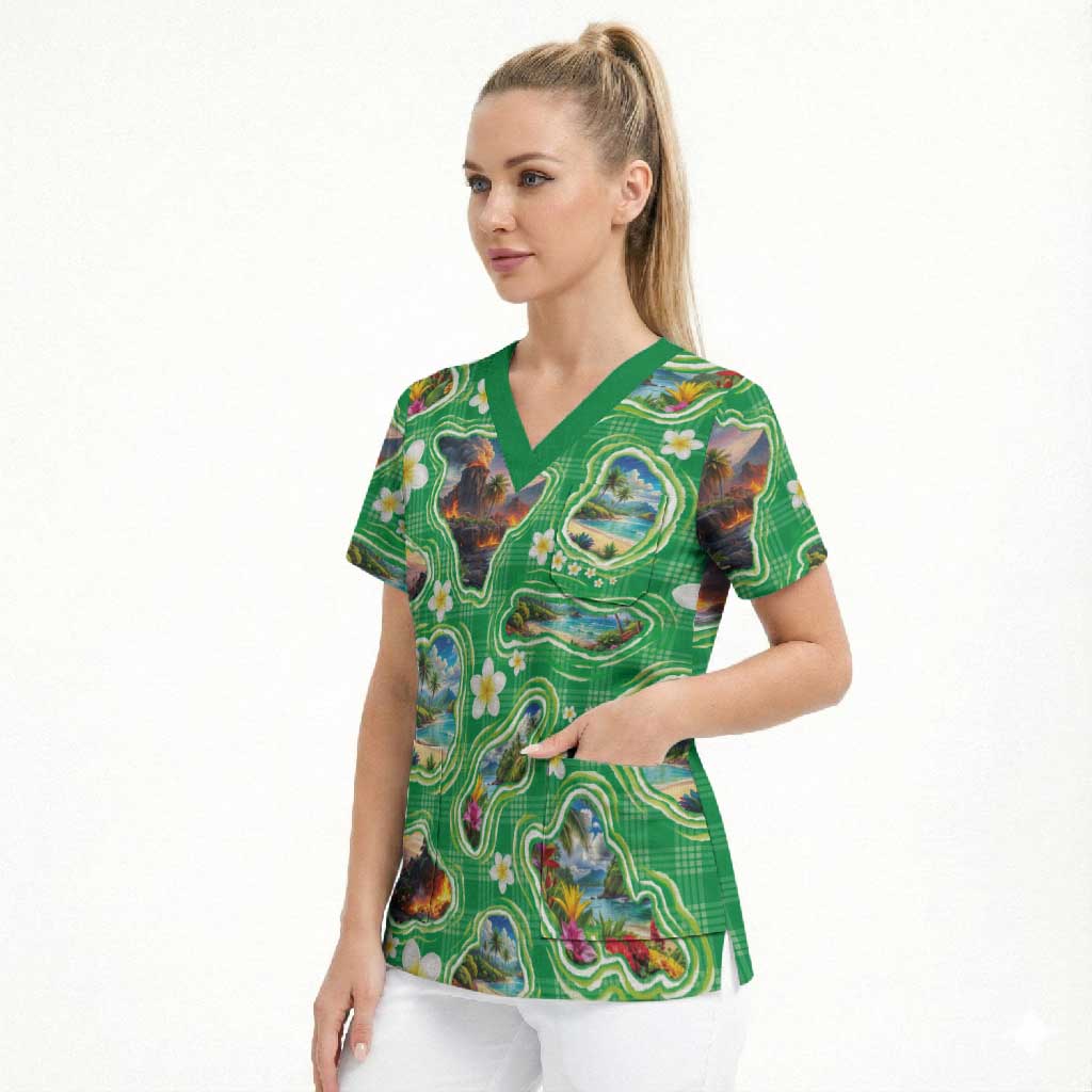Hawaii Map with Plumeria Flower and Palaka Pattern Scrub Top Tropical Island Green Design LT03 - Polynesian Pride