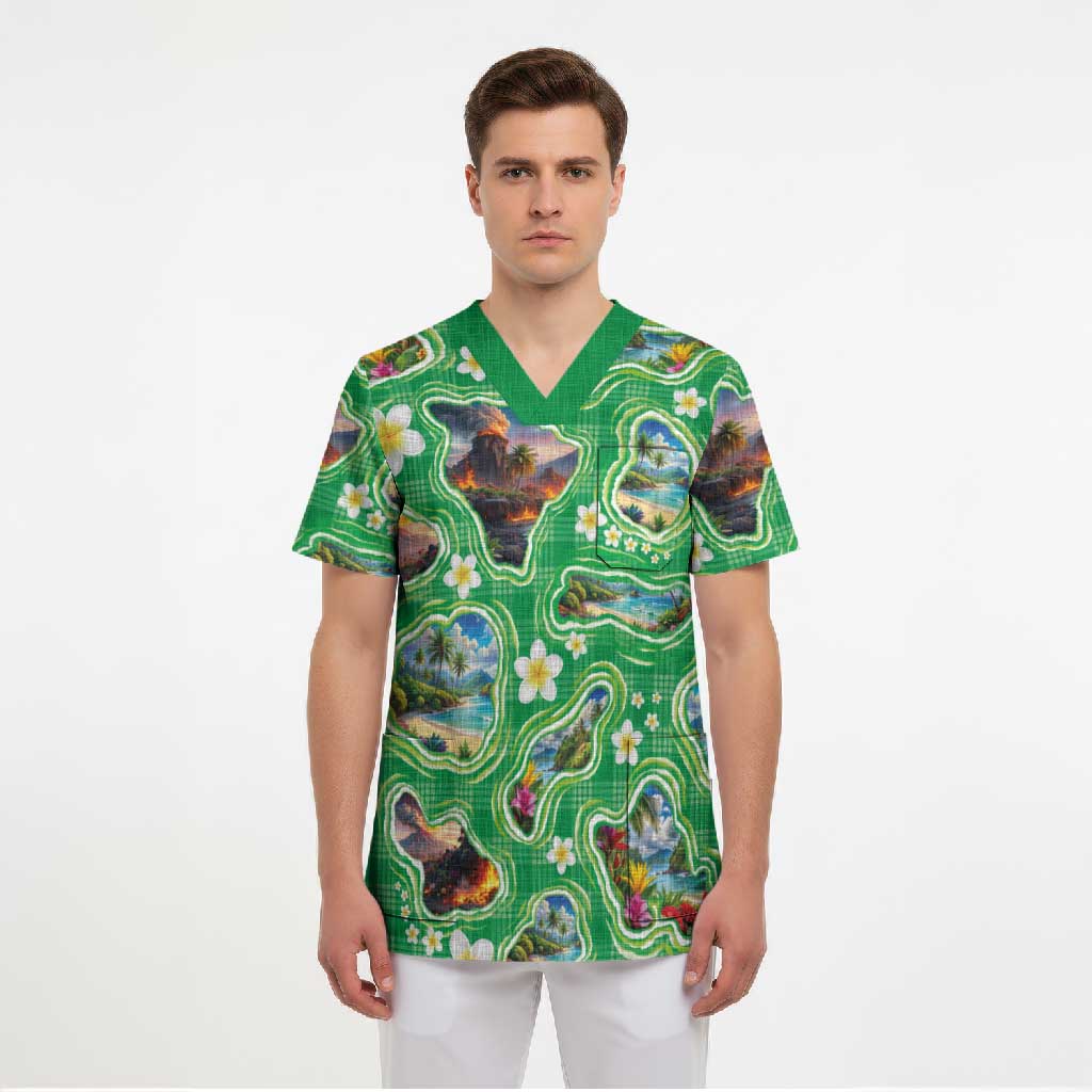 Hawaii Map with Plumeria Flower and Palaka Pattern Scrub Top Tropical Island Green Design LT03 - Polynesian Pride