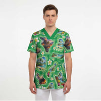 Hawaii Map with Plumeria Flower and Palaka Pattern Scrub Top Tropical Island Green Design LT03 - Polynesian Pride
