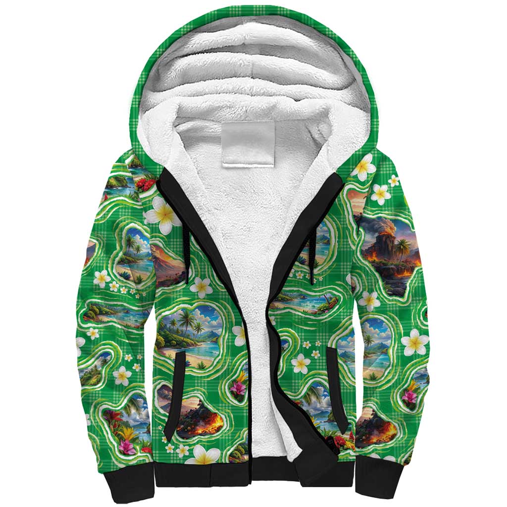 Hawaii Map with Plumeria Flower and Palaka Pattern Sherpa Hoodie Tropical Island Green Design LT03 Unisex Green - Polynesian Pride