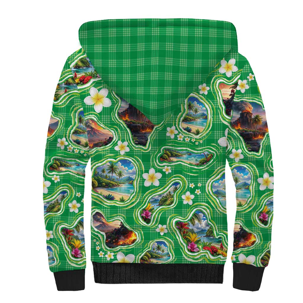 Hawaii Map with Plumeria Flower and Palaka Pattern Sherpa Hoodie Tropical Island Green Design LT03 - Polynesian Pride