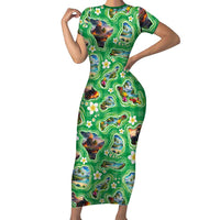 Hawaii Map with Plumeria Flower and Palaka Pattern Short Sleeve Bodycon Dress Tropical Island Green Design LT03 Long Dress Green - Polynesian Pride