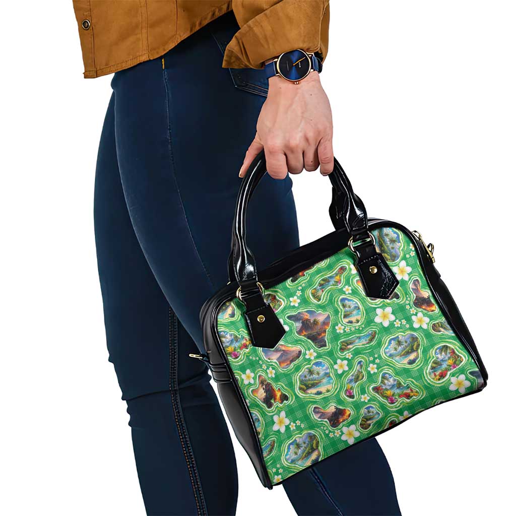 Hawaii Map with Plumeria Flower and Palaka Pattern Shoulder Handbag Tropical Island Green Design LT03 - Polynesian Pride