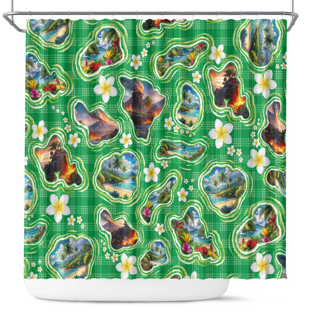 Hawaii Map with Plumeria Flower and Palaka Pattern Shower Curtain Tropical Island Green Design LT03 Green - Polynesian Pride