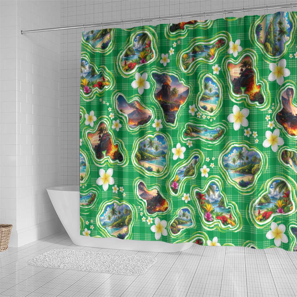 Hawaii Map with Plumeria Flower and Palaka Pattern Shower Curtain Tropical Island Green Design LT03 - Polynesian Pride