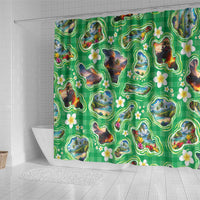 Hawaii Map with Plumeria Flower and Palaka Pattern Shower Curtain Tropical Island Green Design LT03 - Polynesian Pride