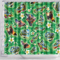 Hawaii Map with Plumeria Flower and Palaka Pattern Shower Curtain Tropical Island Green Design LT03 - Polynesian Pride