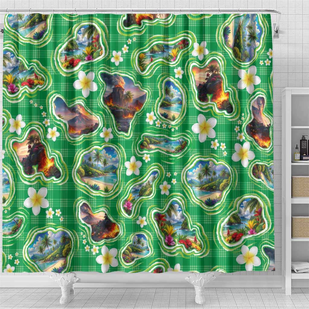 Hawaii Map with Plumeria Flower and Palaka Pattern Shower Curtain Tropical Island Green Design LT03 - Polynesian Pride