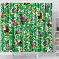 Hawaii Map with Plumeria Flower and Palaka Pattern Shower Curtain Tropical Island Green Design LT03 - Polynesian Pride