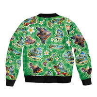 Hawaii Map with Plumeria Flower and Palaka Pattern Sleeve Zip Bomber Jacket Tropical Island Green Design LT03 - Polynesian Pride