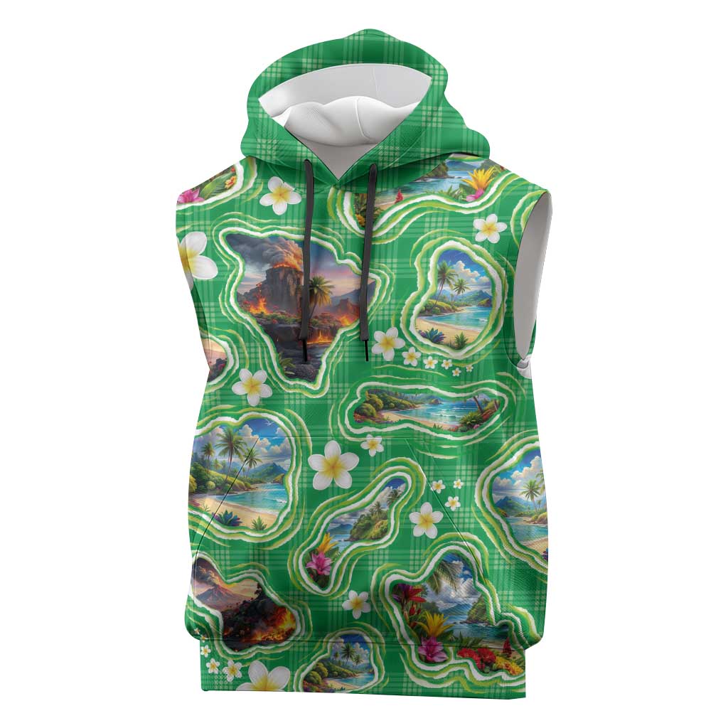 Hawaii Map with Plumeria Flower and Palaka Pattern Sleeveless Hoodie Tropical Island Green Design LT03 Green - Polynesian Pride