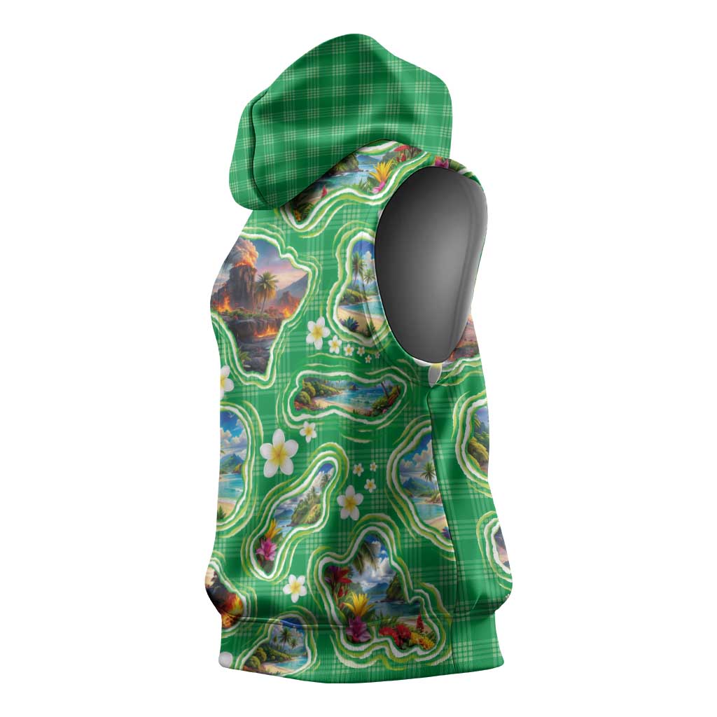 Hawaii Map with Plumeria Flower and Palaka Pattern Sleeveless Hoodie Tropical Island Green Design LT03 - Polynesian Pride