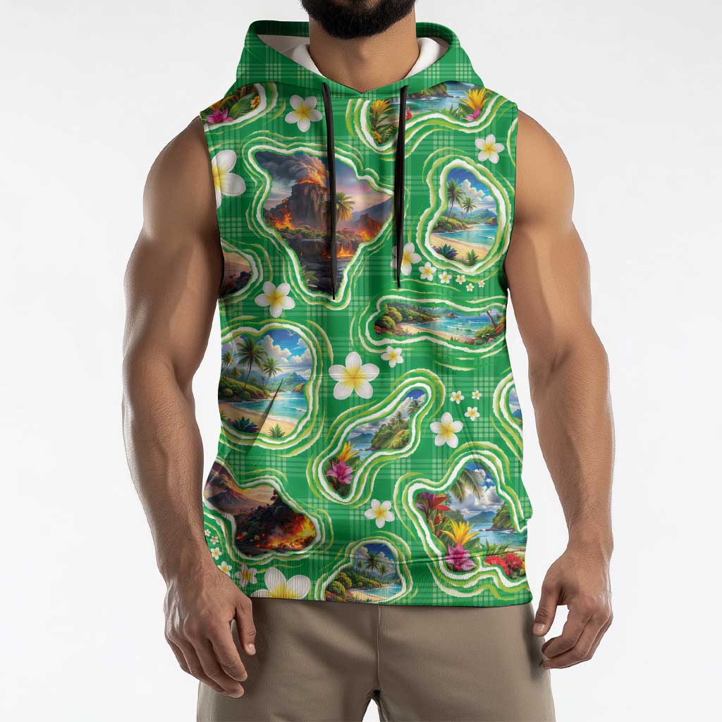 Hawaii Map with Plumeria Flower and Palaka Pattern Sleeveless Hoodie Tropical Island Green Design LT03 - Polynesian Pride