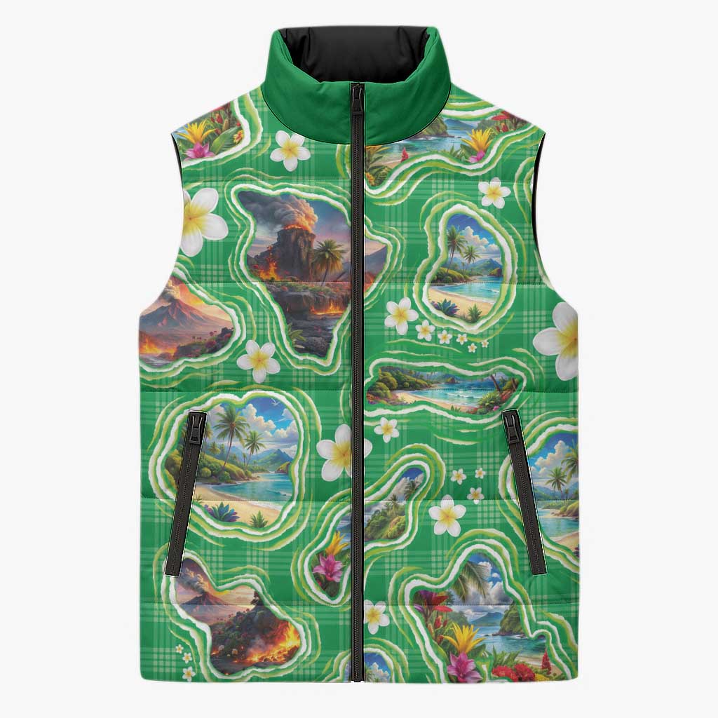 Hawaii Map with Plumeria Flower and Palaka Pattern Sleeveless Puffer Jacket Tropical Island Green Design LT03 Unisex Green - Polynesian Pride