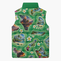 Hawaii Map with Plumeria Flower and Palaka Pattern Sleeveless Puffer Jacket Tropical Island Green Design LT03 - Polynesian Pride