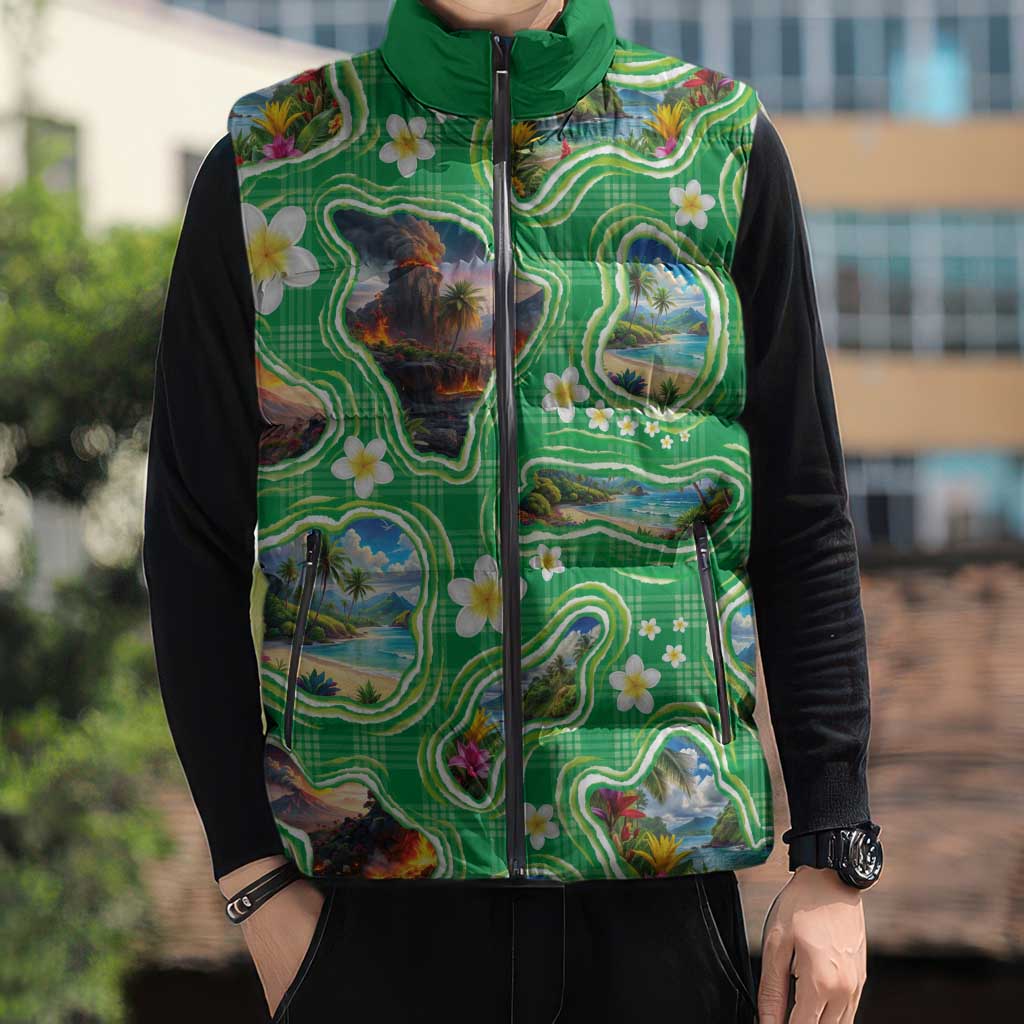 Hawaii Map with Plumeria Flower and Palaka Pattern Sleeveless Puffer Jacket Tropical Island Green Design LT03 - Polynesian Pride